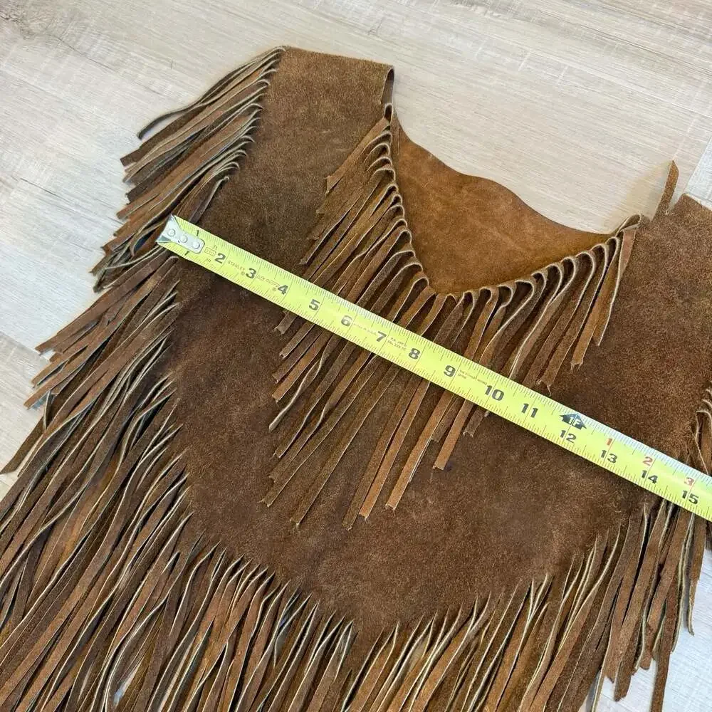 Vintage Brown Suede Leather Fringe Western Cowgirl Poncho Cape - Picture 5 of 7